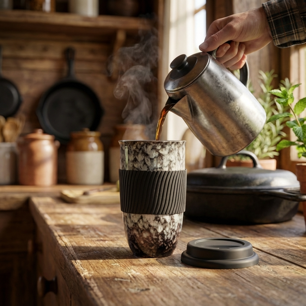 Coffee to go Becher aus Keramik mit Silikondeckel, 480 ml (16,9 fl oz), Reaktivglasur und Griffband
