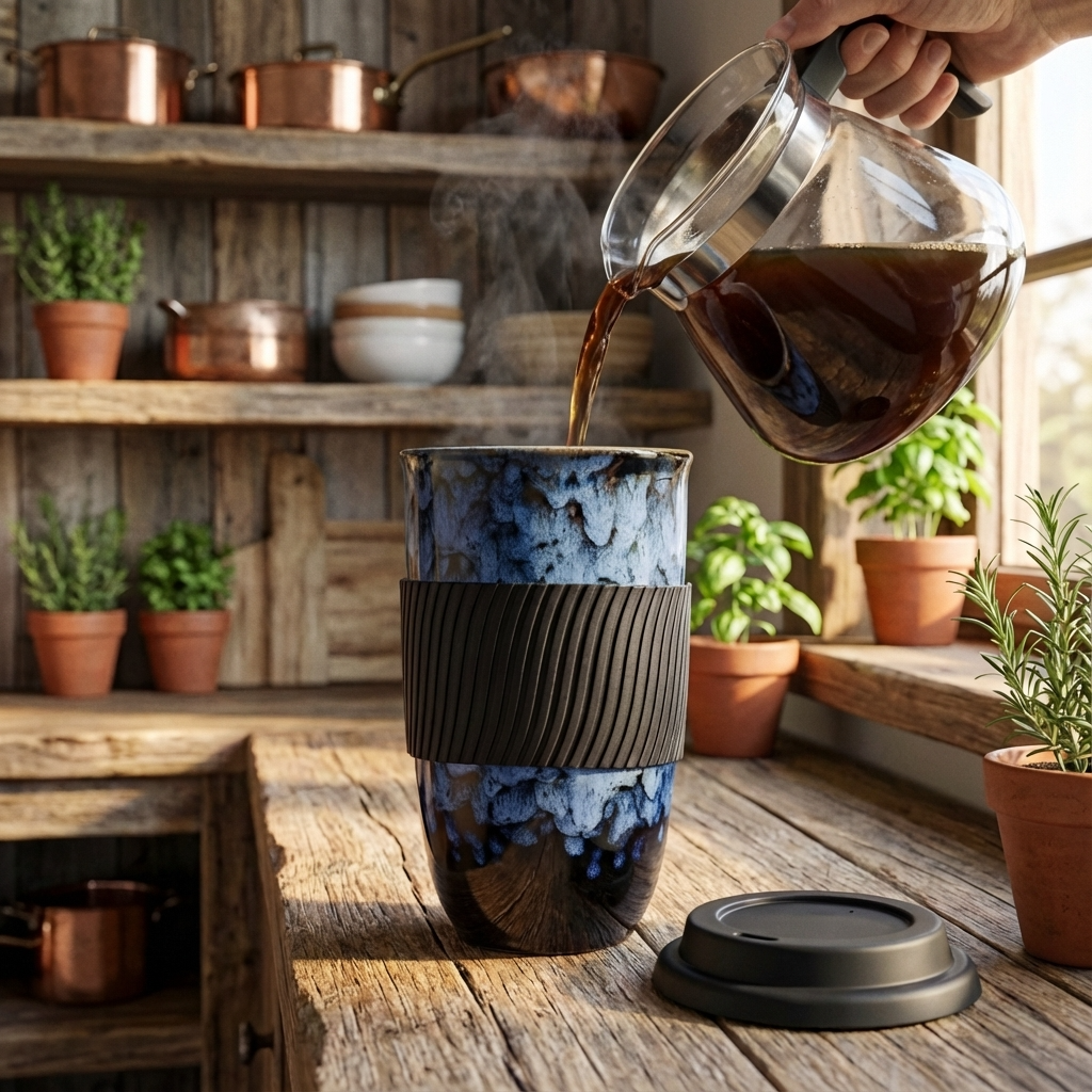 Coffee to go Becher aus Keramik mit Silikondeckel, 480 ml (16,9 fl oz), Reaktivglasur und Griffband