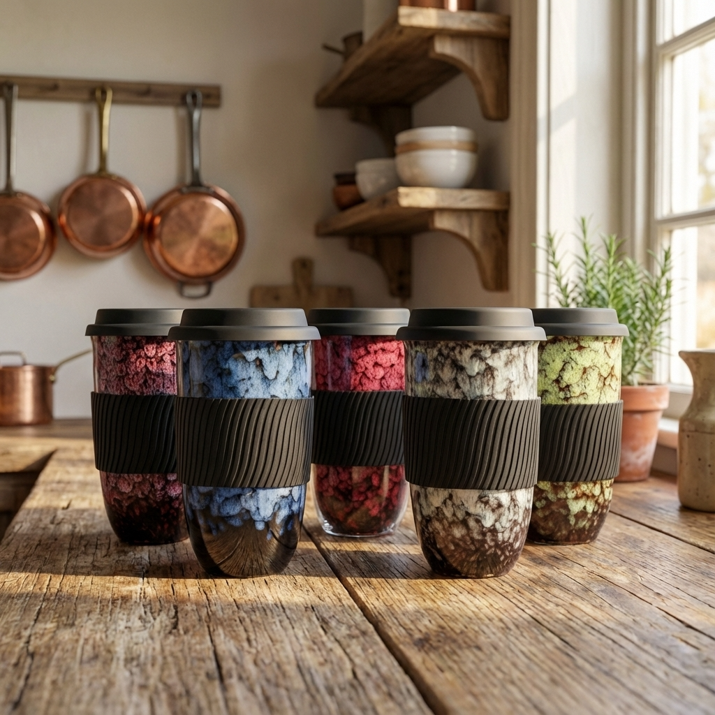 Coffee to go Becher aus Keramik mit Silikondeckel, 480 ml (16,9 fl oz), Reaktivglasur und Griffband