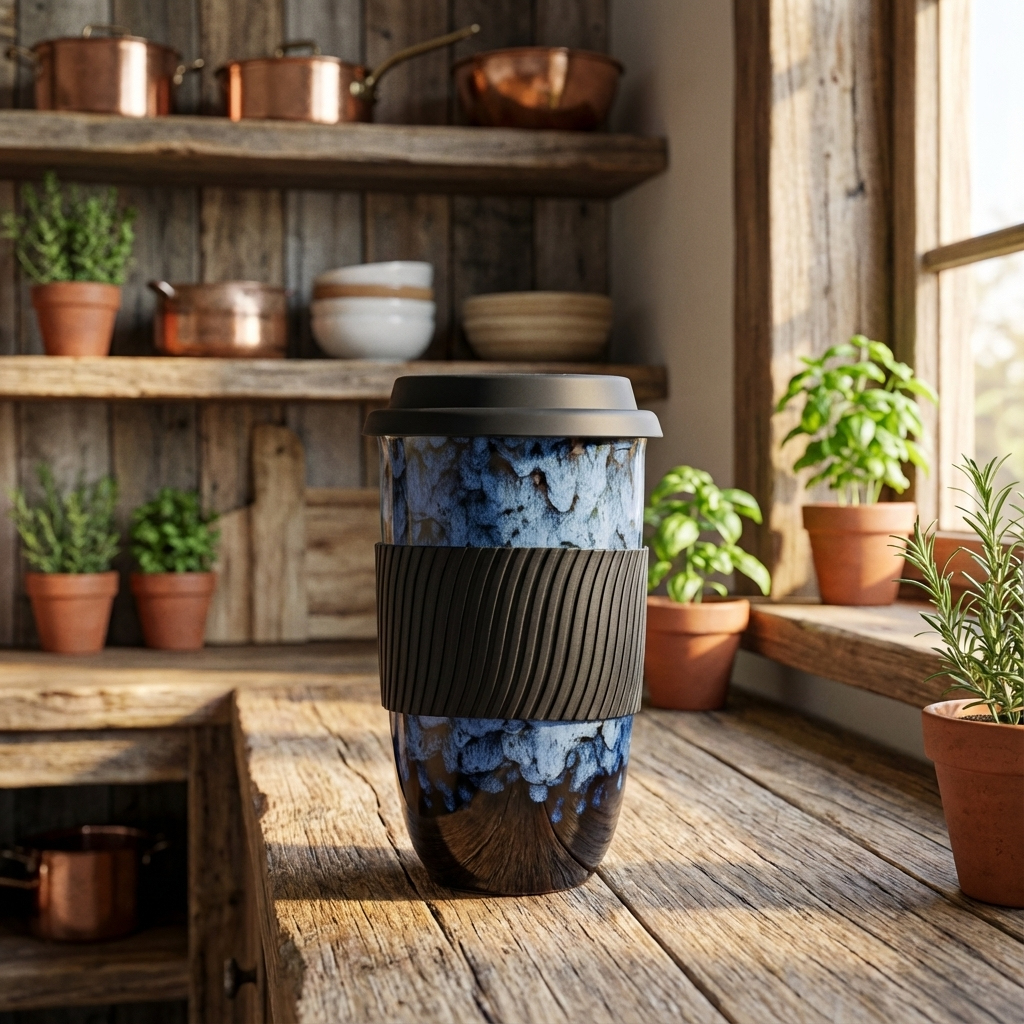 Coffee to go Becher aus Keramik mit Silikondeckel, 480 ml (16,9 fl oz), Reaktivglasur und Griffband