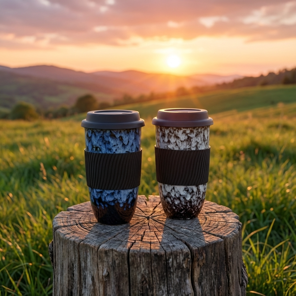 Coffee to go Becher aus Keramik mit Silikondeckel, 480 ml (16,9 fl oz), Reaktivglasur und Griffband