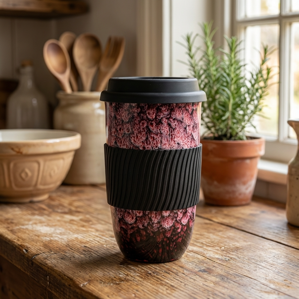 Coffee to go Becher aus Keramik mit Silikondeckel, 480 ml (16,9 fl oz), Reaktivglasur und Griffband