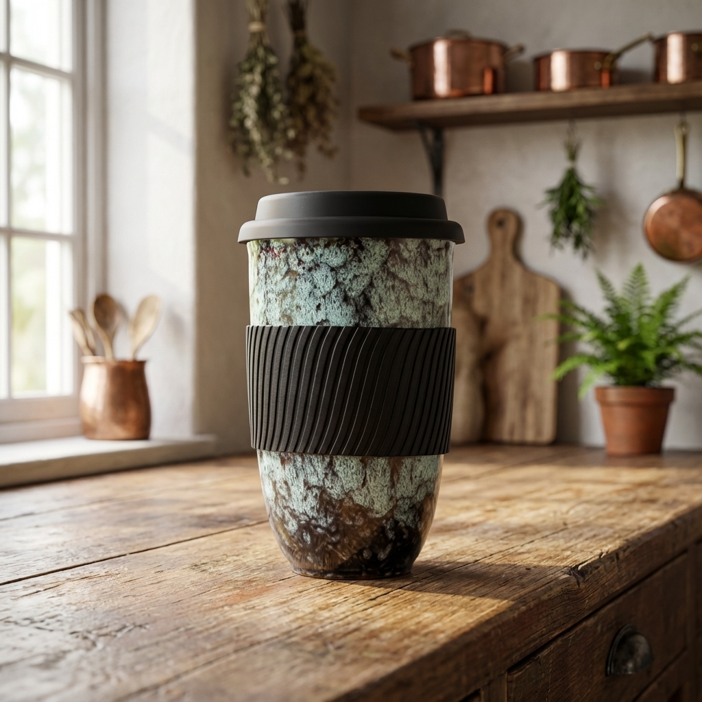 Coffee to go Becher aus Keramik mit Silikondeckel, 480 ml (16,9 fl oz), Reaktivglasur und Griffband