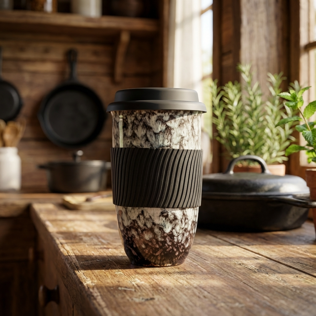 Coffee to go Becher aus Keramik mit Silikondeckel, 480 ml (16,9 fl oz), Reaktivglasur und Griffband