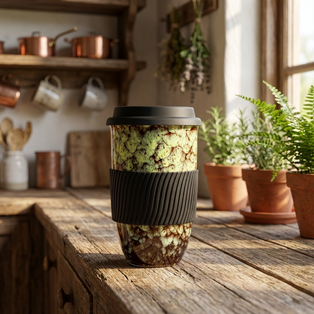 Coffee to go Becher aus Keramik mit Silikondeckel, 480 ml (16,9 fl oz), Reaktivglasur und Griffband