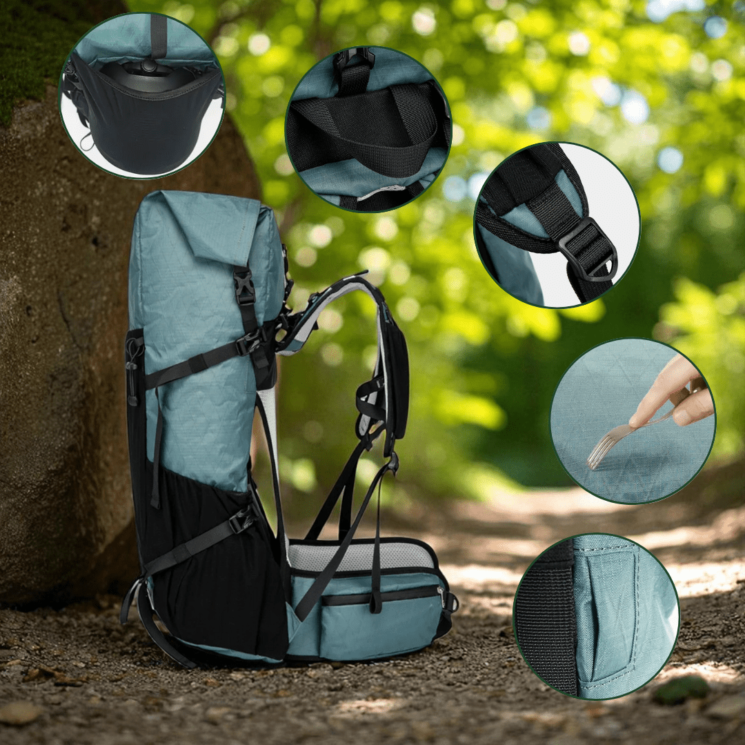 Trekking-Rucksack 50 Liter Ultraleicht mit Roll-Top Wasserabweisend Ripstop-Nylon Belüfteter Rücken für Wandern und Camping