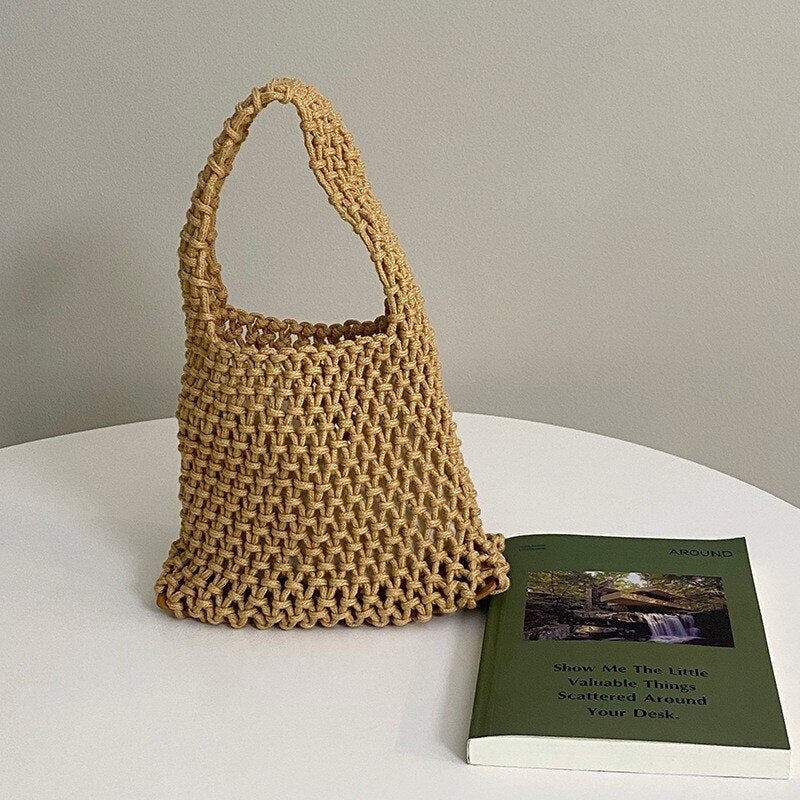 Women's Handbag Hand-Crocheted Cotton Net Pattern for Summer Beach and Everyday Use Vegan