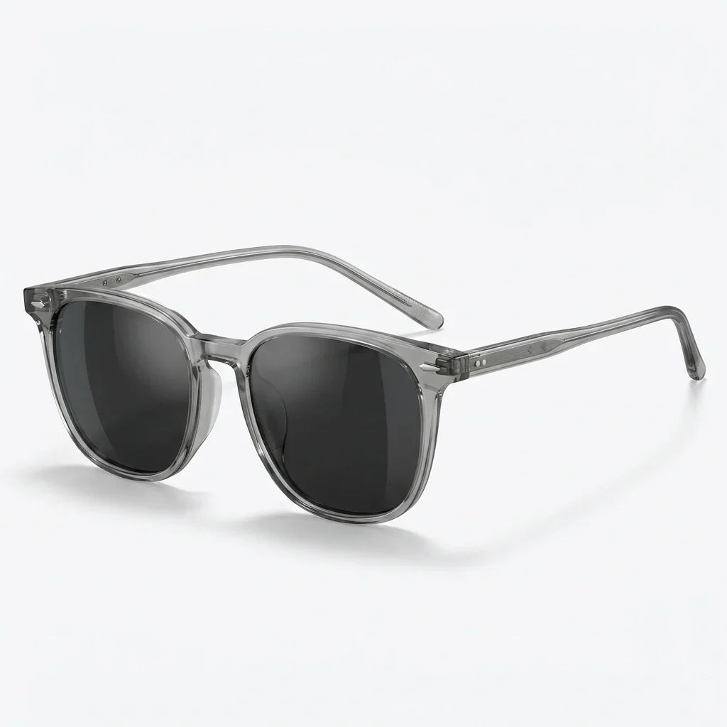 Plastic sunglasses with tinted lenses, riveted hinges, unisex fit
