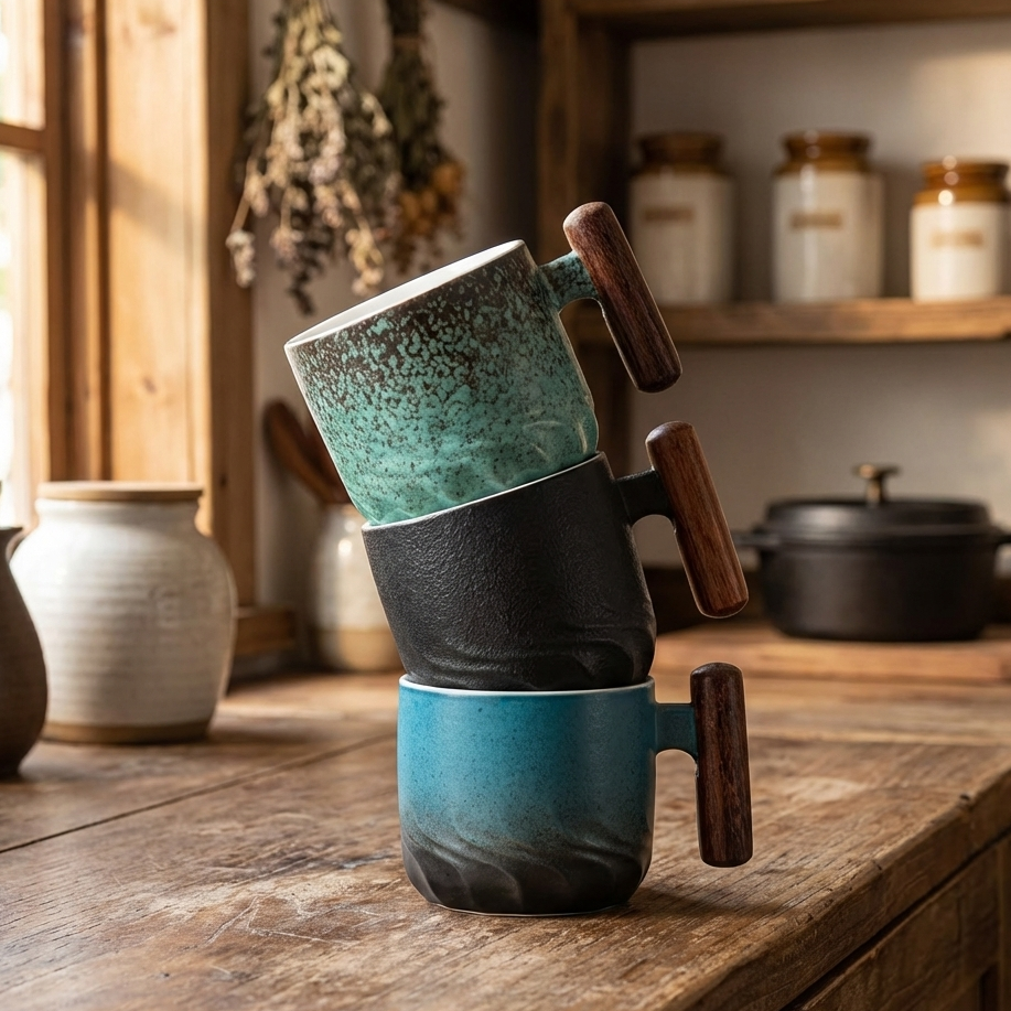 Espressotassen aus Keramik mit Holzgriff, 80 ml (2,7 oz), Verlaufsglasur mit Strukturierter Oberfläche