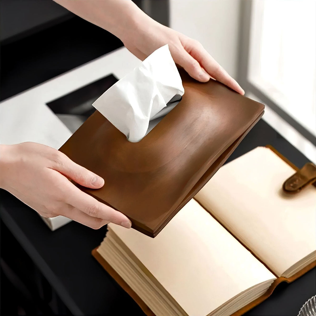 Wooden Tissue Box in Walnut Finish, Curved Shape, for Living Room and Office