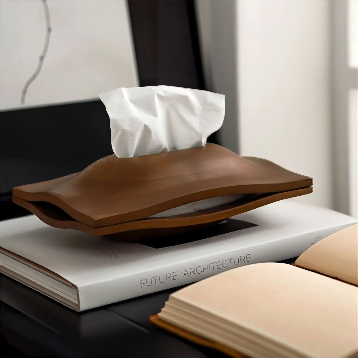 Wooden Tissue Box in Walnut Finish, Curved Shape, for Living Room and Office