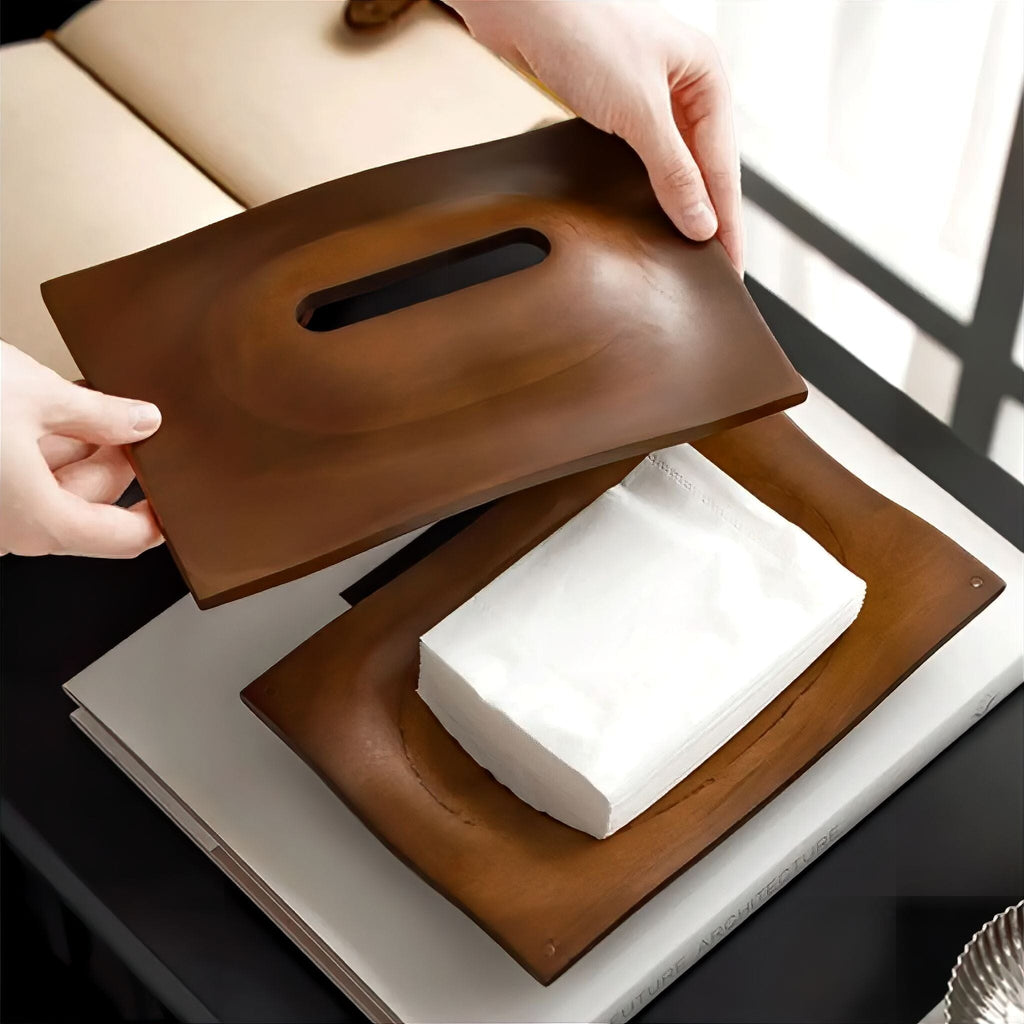 Wooden Tissue Box in Walnut Finish, Curved Shape, for Living Room and Office
